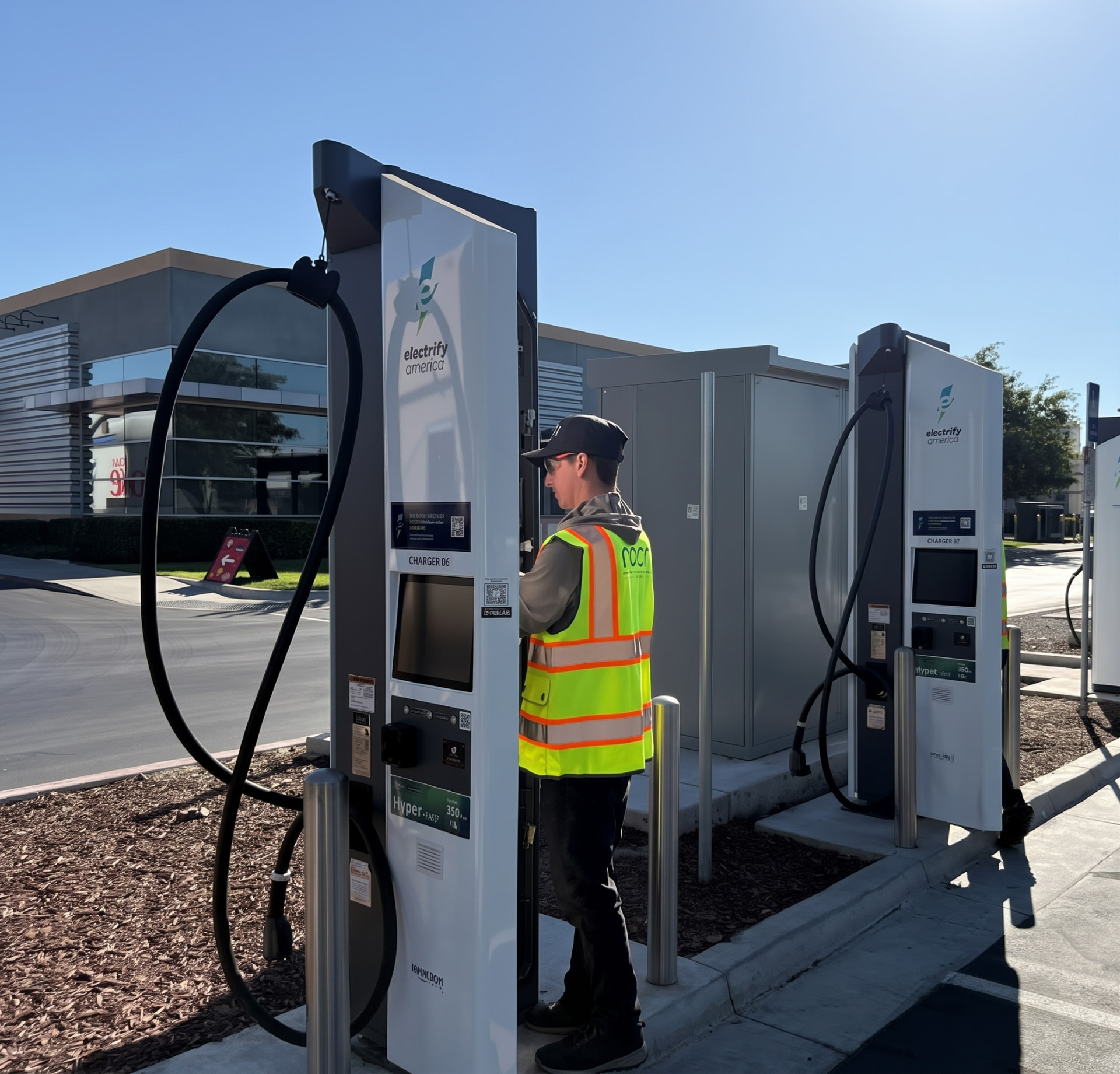 Noch technician servicing a commercial DC fast charger in California.